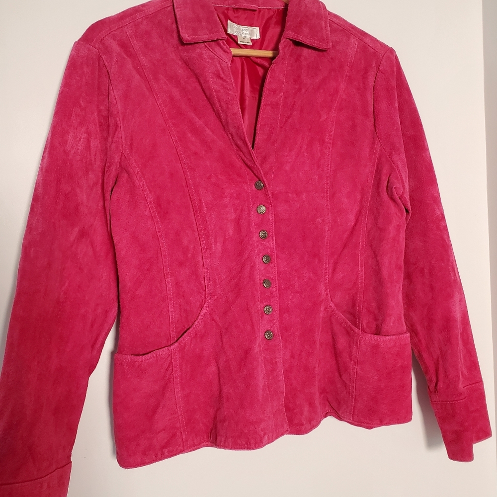 Vintage 90s Pink Suede Leather Snap Up Jacket XL Collar Pockets Pockets Washable